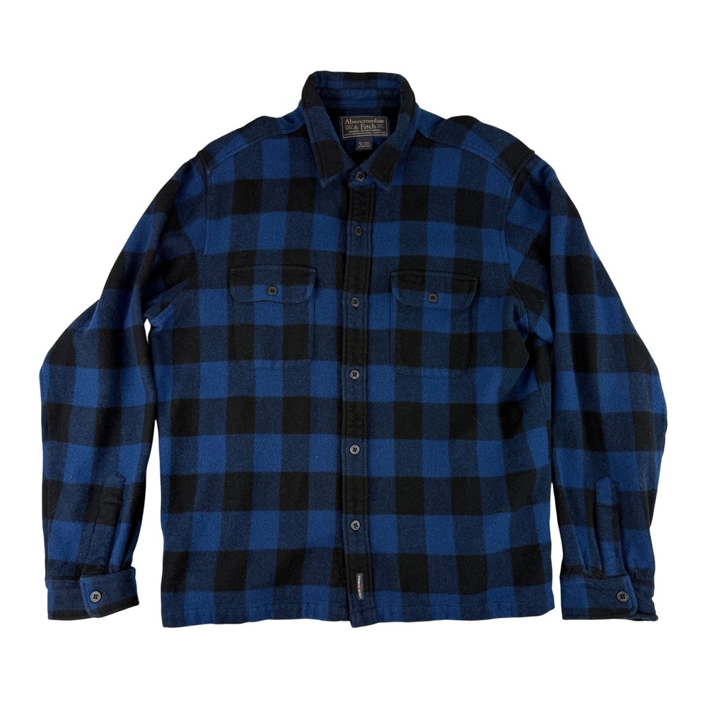 Abercrombie & Fitch Flannel Shirt Mens XL Blue Black Buffalo Plaid Wool Blend